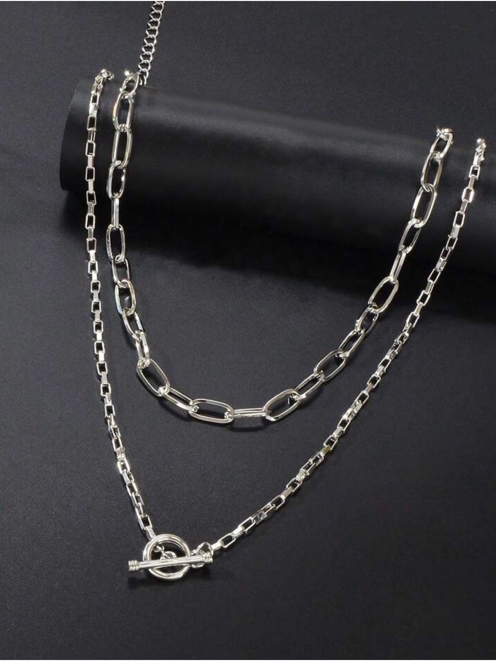 Sterling-Look Double Layer Silver Chain Necklace - Toggle Clasp - Picture 2 of 4